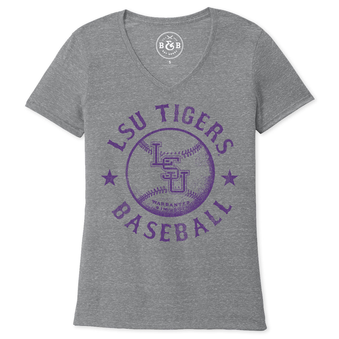 B&B Dry Goods LSU Tigers Baseball Warranted Women’s Snow Heather V-Neck – Charcoal