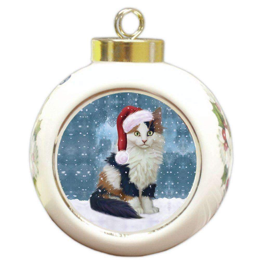 Let It Snow Christmas Holiday Calico Kitten Cat Wearing Santa Hat Round Ball Ornament D276