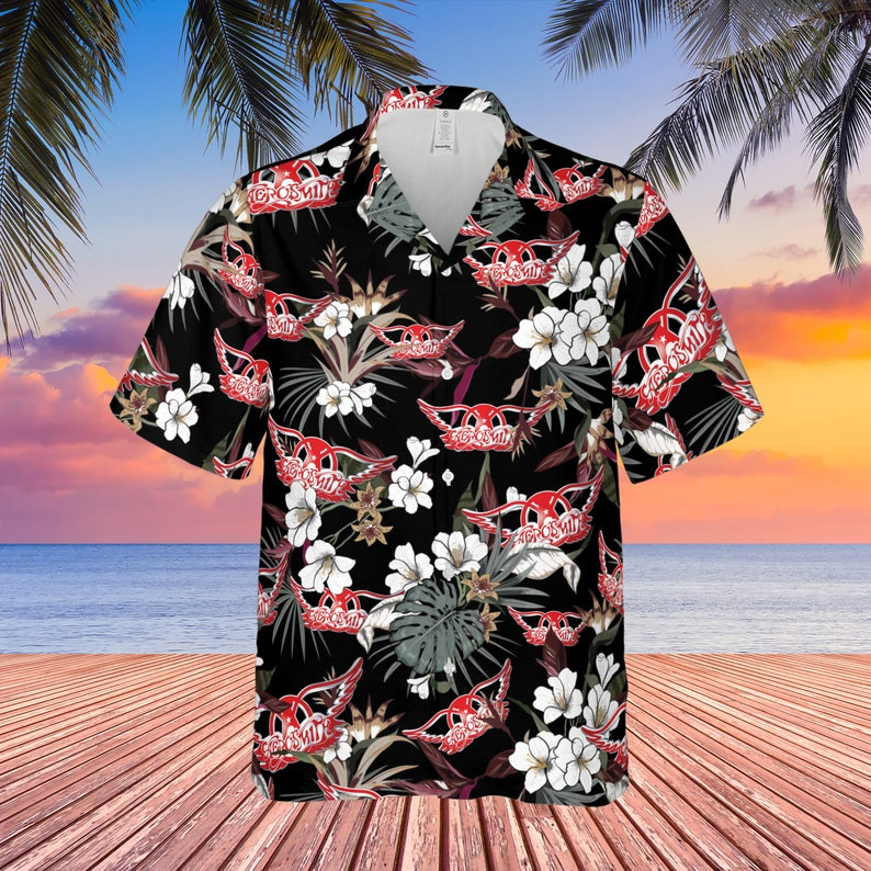 Aerosmith Rock Band Tropical Forest All Over Print 3D Hawaiian Shirt – Black