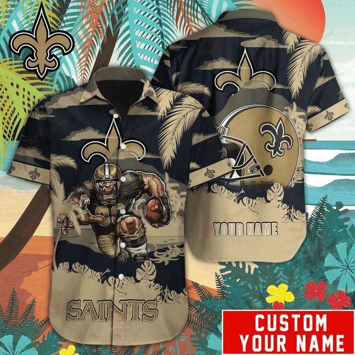 New Orleans Saints Mascot Button Up Hawaiian Shirt Custom Name