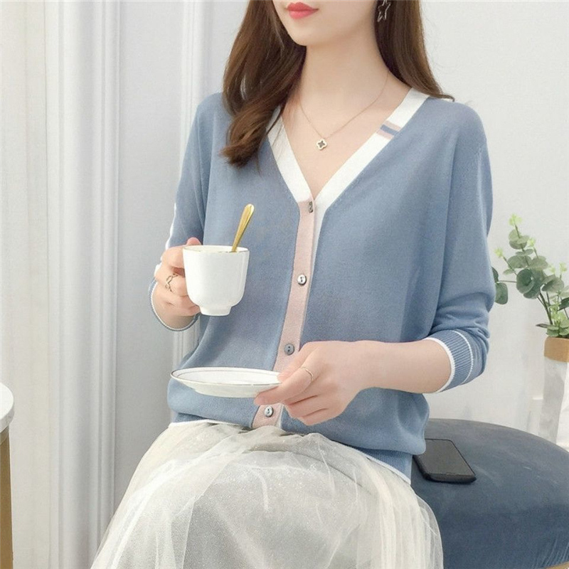 Spring Fall Casual V-Neck Long Sleeve Knitted Cardigan Women Korean Fashion Sweet Chic Loose Thin All-Match Basic Sweater Jacket alx