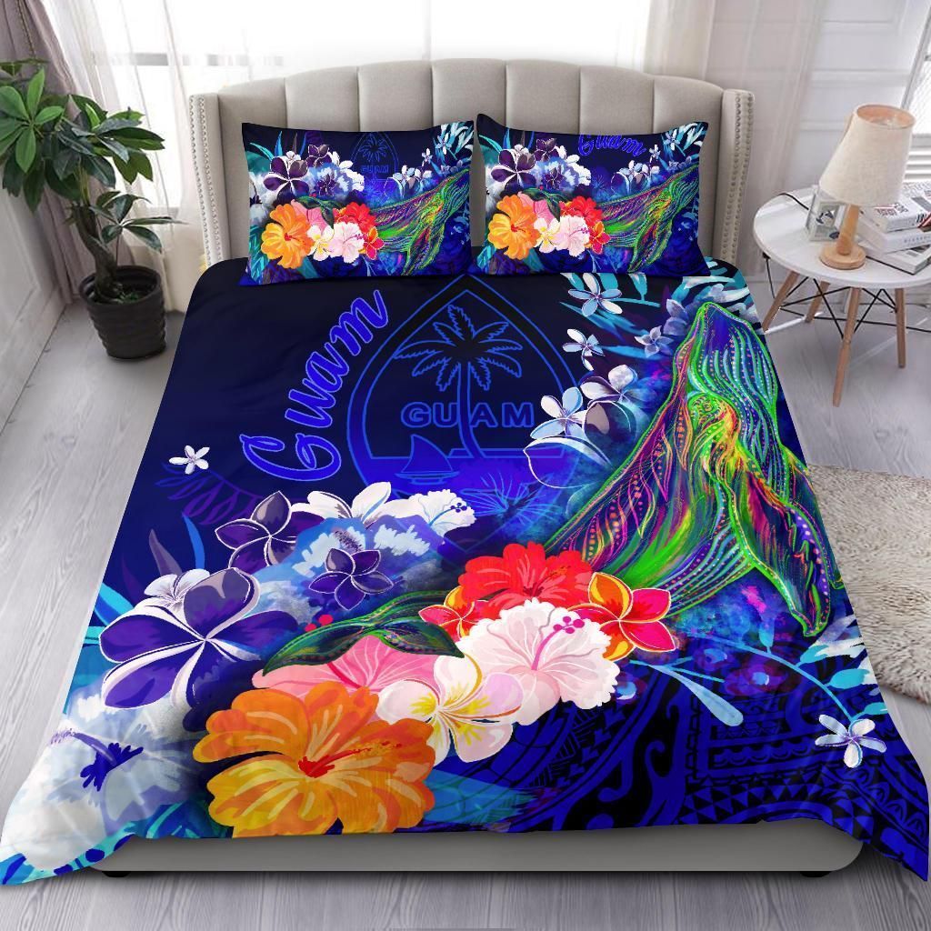 Alohawaii Bedding Set – Cover And Pillow Cases Guam – Humpback Whale With Tropical Flowers (Blue)- Bn18