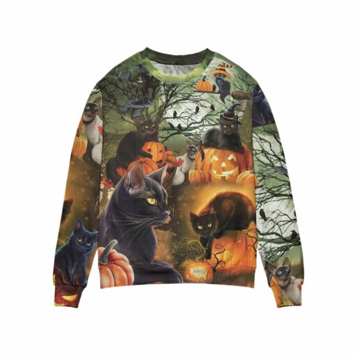 Black Cat & The Pumpkin Halloween All Over Print Sweater For Men & Women, Spooky Halloween Full Print Sweater Shirt