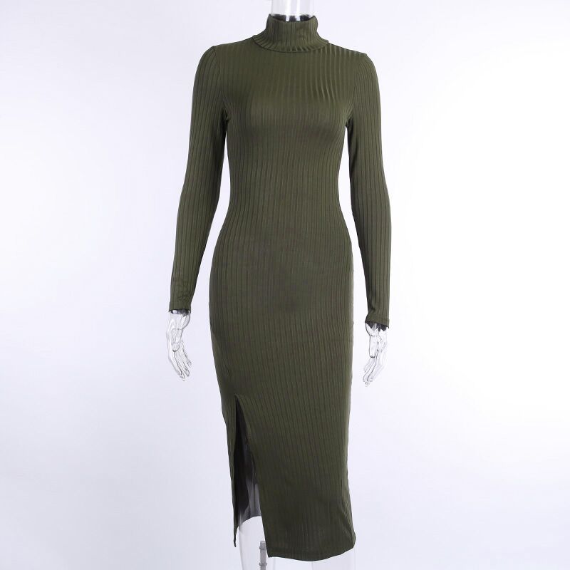 Warm Knitted Autumn Ribbed Dress Turtleneck Split Long Pencil Dresses Office Women Black Evening Club Outwear Bodycon PL033G alx