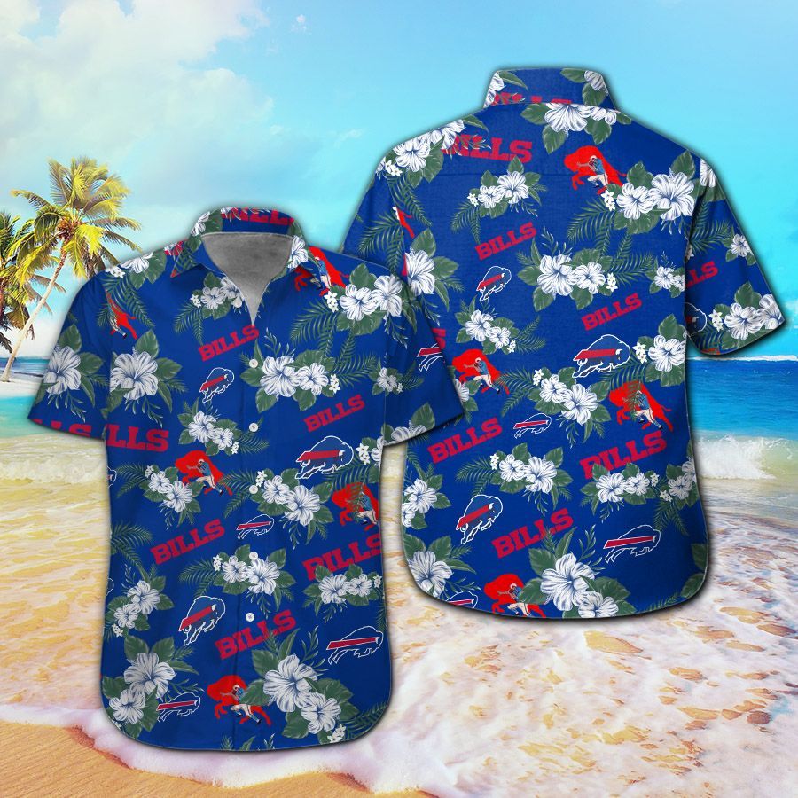 Unifinz Buffalo Bills Hawaiian Shirt Buffalo Bills White Hibiscus Flowers Blue Hawaii Shirt Buffalo Bills Aloha Shirt 2022