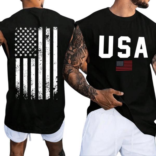 Men’s Letter USA & American Flag Print Round Neck Tank Top, Regular Fit Graphic Sleeveless Crew Neck Top for Summer, Graphic Tees