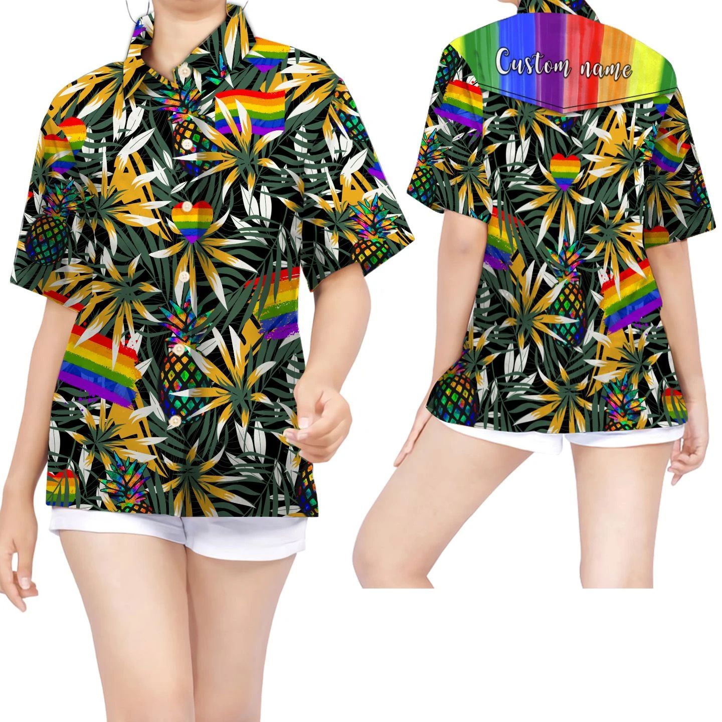 Rainbow Pineapples Tropical Leaves Custom Name Women Hawaii Shirt For Lgbt Community Ha22025