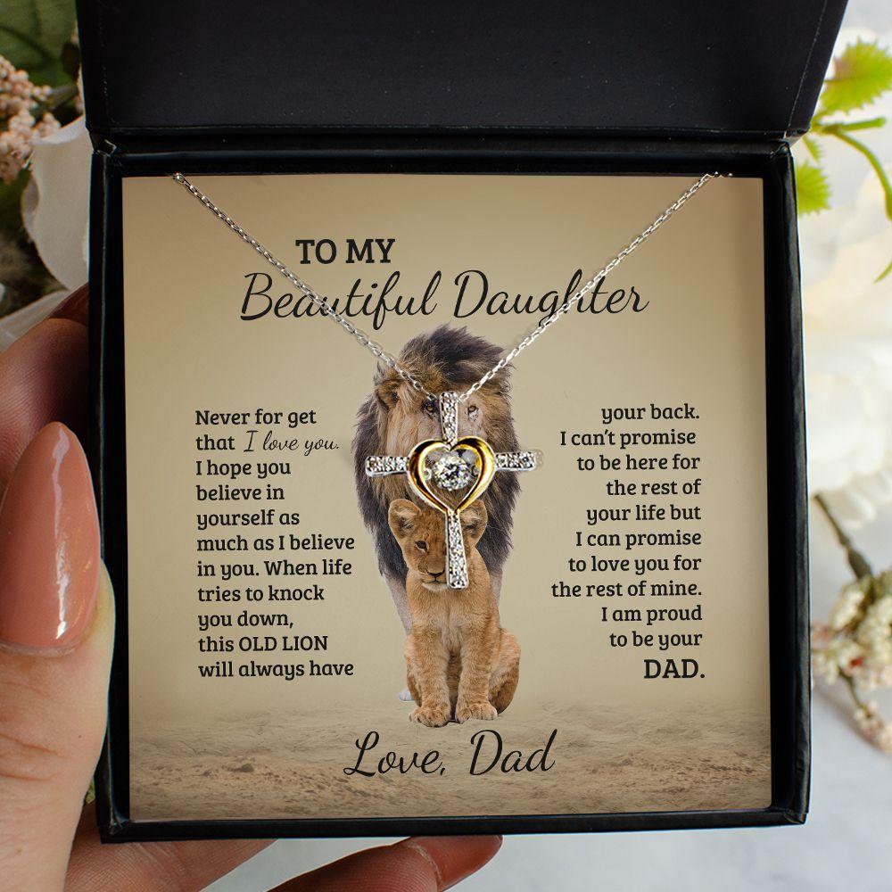 To My Daughter, Granddaughter Necklace – Old Lion Will Always Have Your Back – Personalized Cross Dancing Crystal Necklace