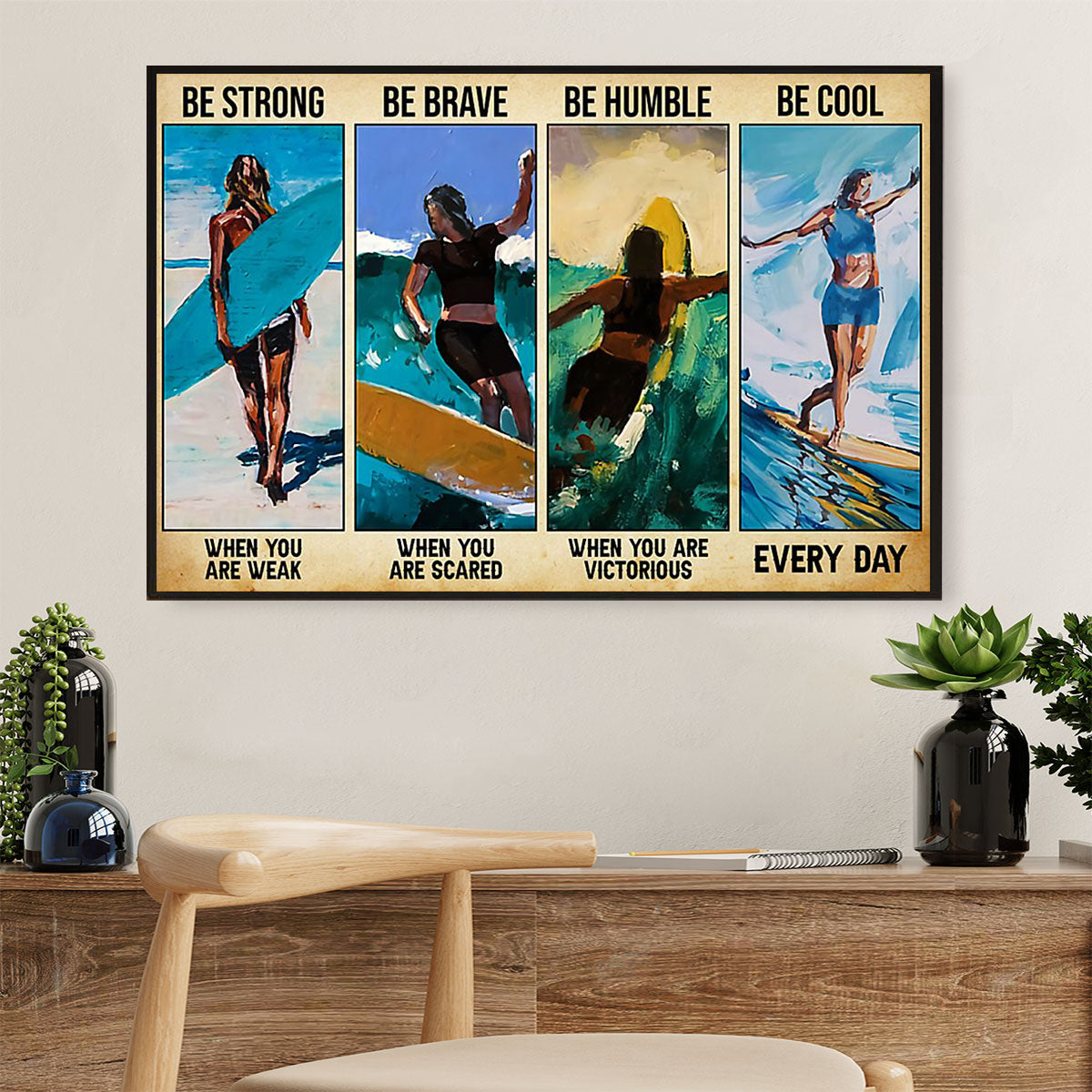 Water Surfing Canvas Wall Art Prints | Girl Surfer | Home Décor Gift For Beach Surfer