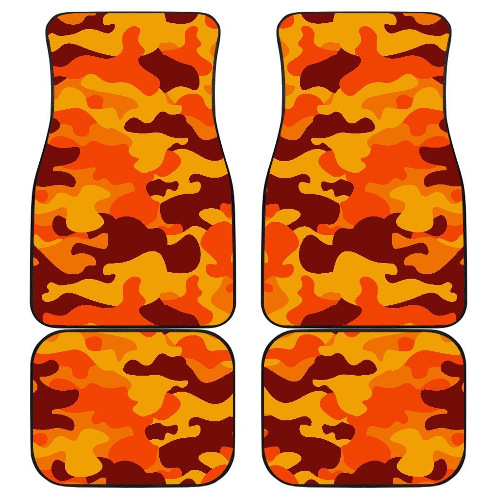 Orange Camouflage Print Front And Back Car Floor Mats, Front Car Mat