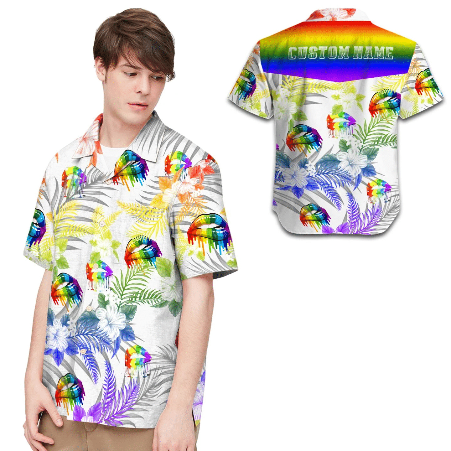 Lgbt Rainbow Lips Tropical Leaves And Flowers Custom Name Men Hawaii Shirt For Lgbtq Community Ha44565