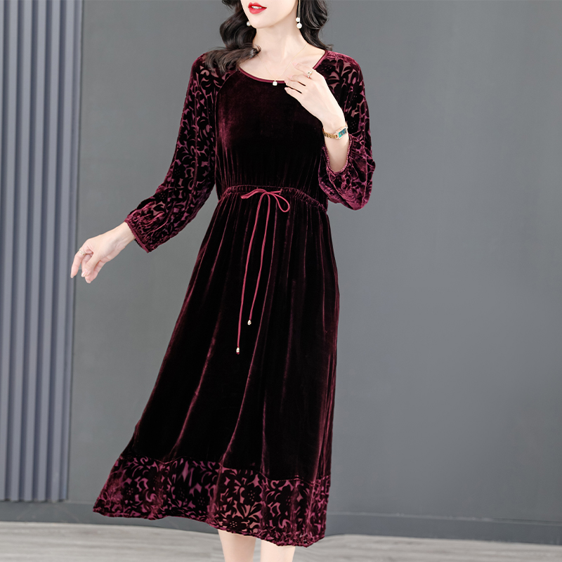 Women Dress Velvet Big Swing Skirt Dress Floral Pattern O Neck Spring Elegant Long Dress Wedding Female Robe Ladies Vestidos alx