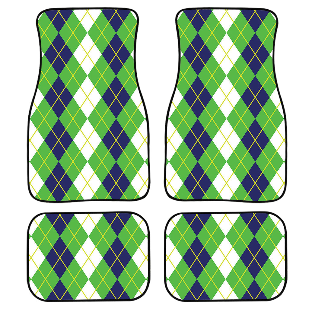 White Green And Navy Argyle Print Front And Back Car Floor Mats, Front Car Mat