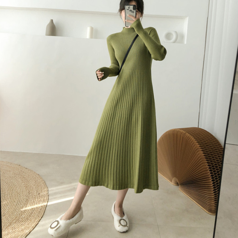 Women Sweater Dress Winter Half High Collar A-line Wool Dress Middle Long Knitted Dress Women Leisure Pullover Pleated Skirt alx