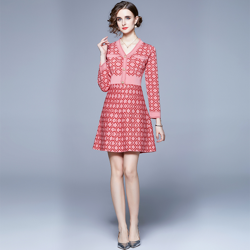 2022 Autumn Vintage Knitted Sweater Dresses Women Long Sleeved Jacquard Plaid Mini Dress Robe Femme Vestido alx