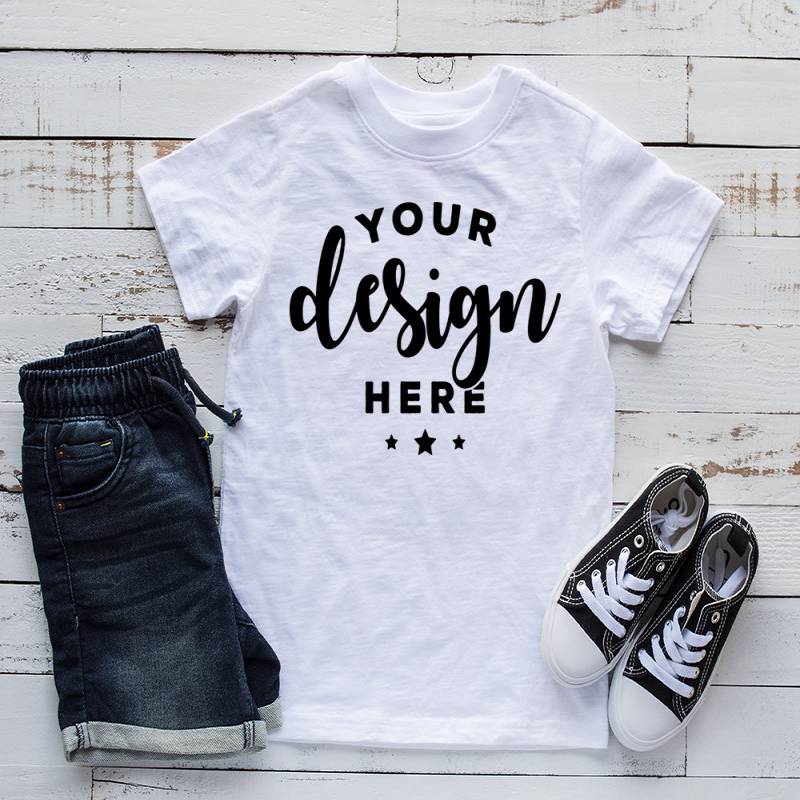 Kids Shirt Mockup White T-shirt Mock Shorts And Shoes Summer Listing Template Mock-up On Wood Background Digital Download Hi Res Jpg