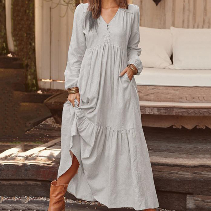 Autumn Women Dress Fashion Vintage Buttons Party Dress Casual Solid Long Sleeve V-neck A-Line Women Sexy Dresses alx