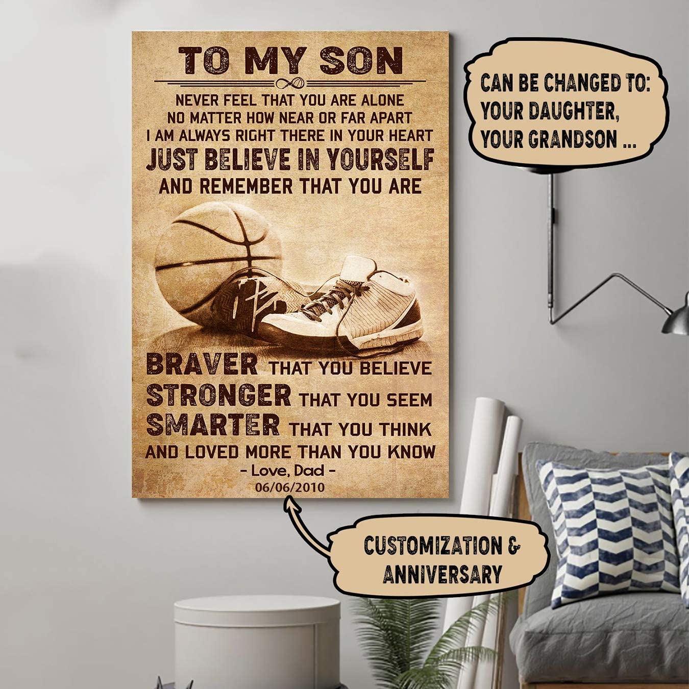 Poster for Room Aesthetic -Command Strips Wall Decor – Ly106 Customizable Basketball Poster – Dad to Son – You are Braver