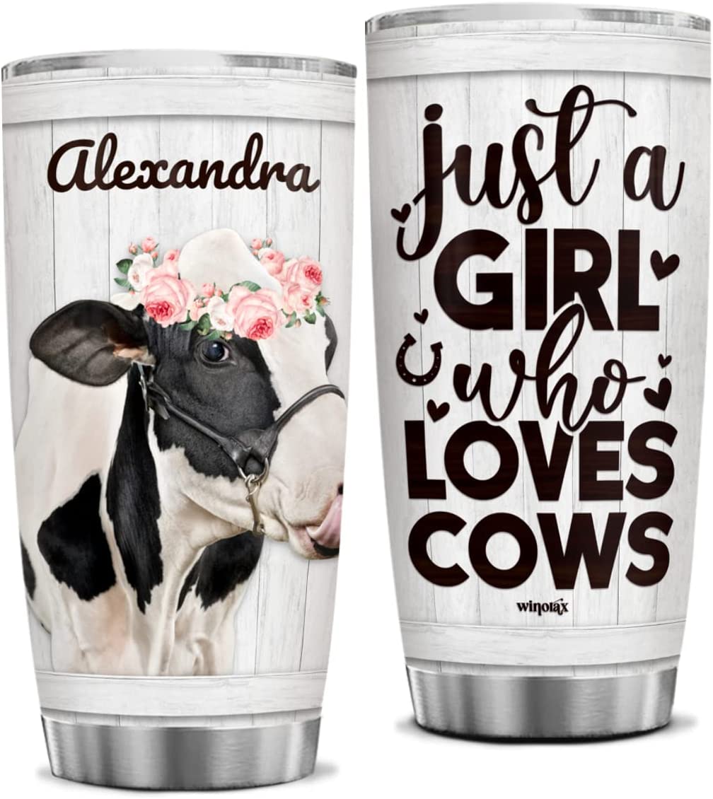 Personalized Cow Tumbler Just A Girl Who Loves Cow Tumbler 20Oz 30Oz Stainless Steel Cup With Lid Coffee Cup Birthday Christmas Gift For Women Girls Best Friends Sisters Animal Lovers