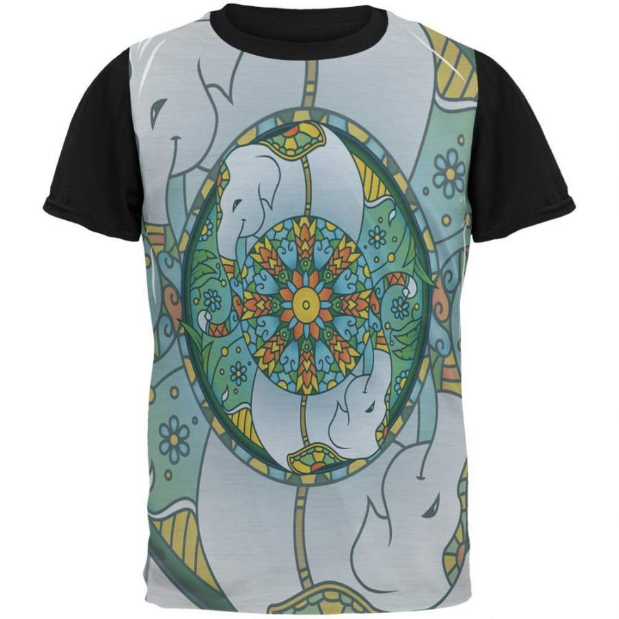 Mandala Trippy Stained Glass Elephant All Over Mens Black Back T Shirt