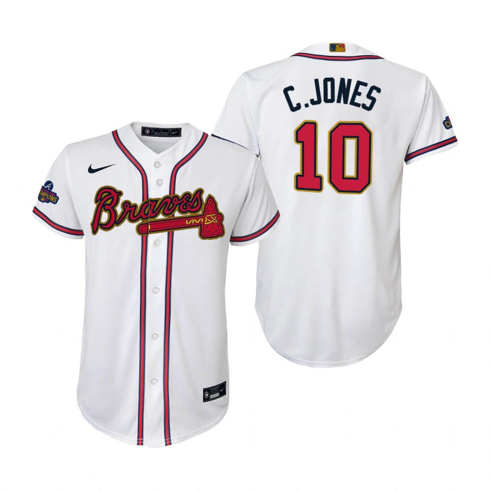 Youth Chipper Jones 10 Jersey, Atlanta Braves White 2022-23 Gold Program Jersey