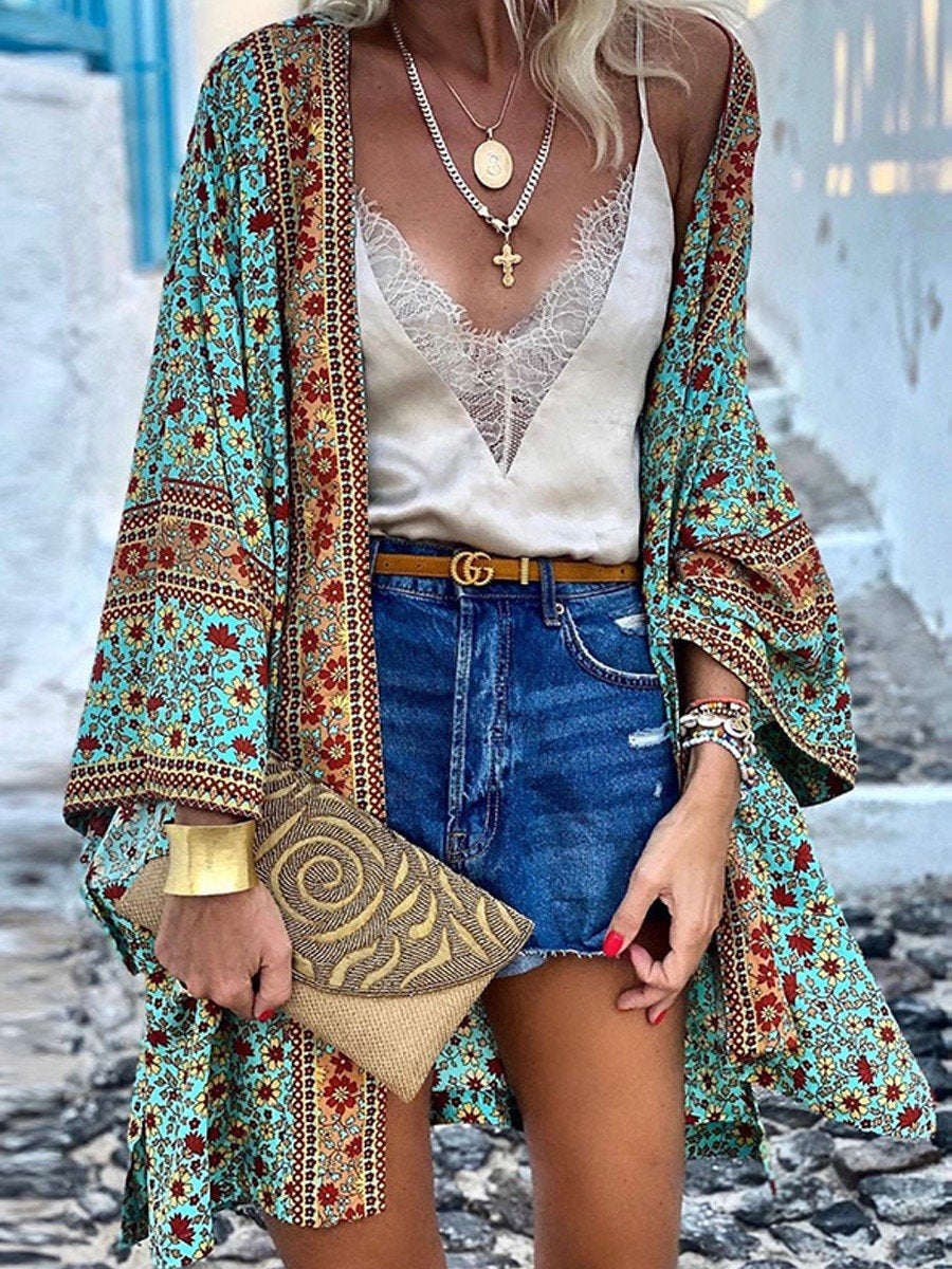 Women Boho Long Sleeve Printed Midi Cardigan