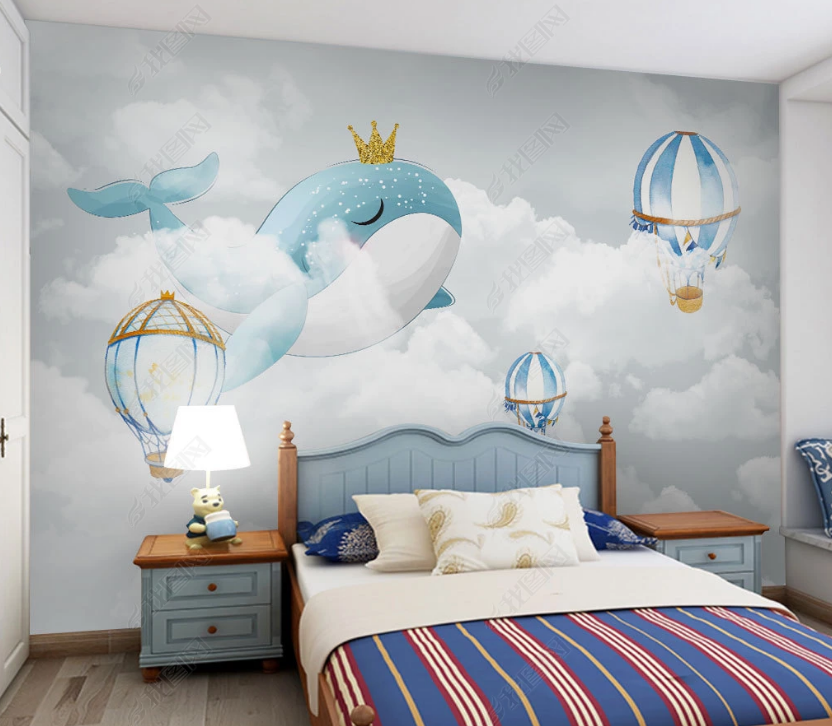 3D Sky Cloud Dolphin Hot Air Balloon Wall Mural Wallpaper Lqh 99