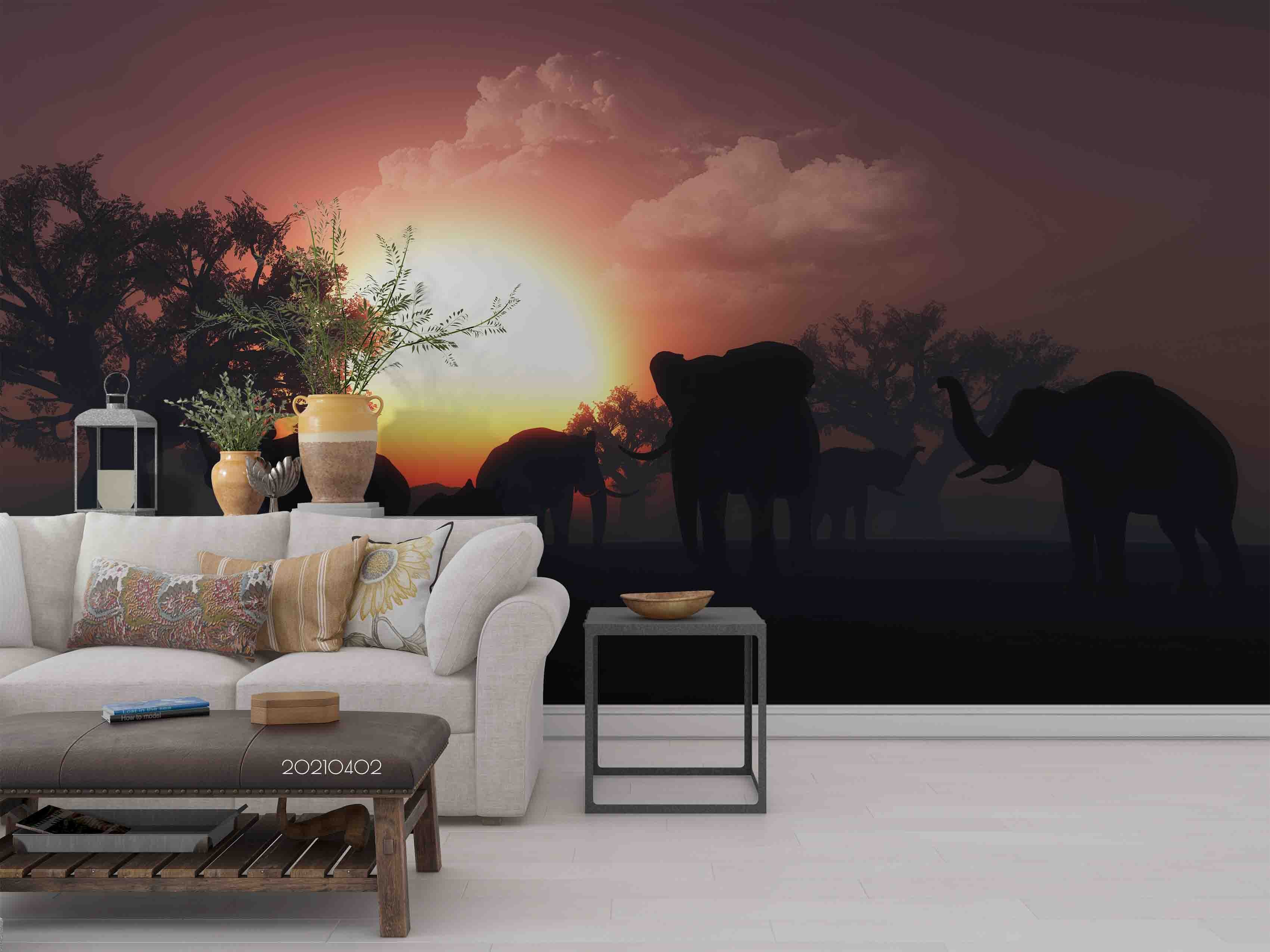 3D Elephant Sunset Sky Wild Wall Mural Wallpaper Lqh 52