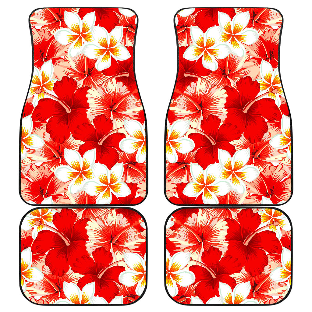 Red Hibiscus Plumeria Pattern Print Front And Back Car Floor Mats, Front Car Mat