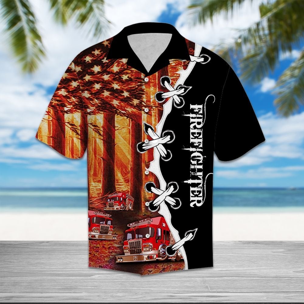 Firefighter Flag Forest Hawaii Unisex Print Aloha Short Sleeve Casual Shirt Ha109899