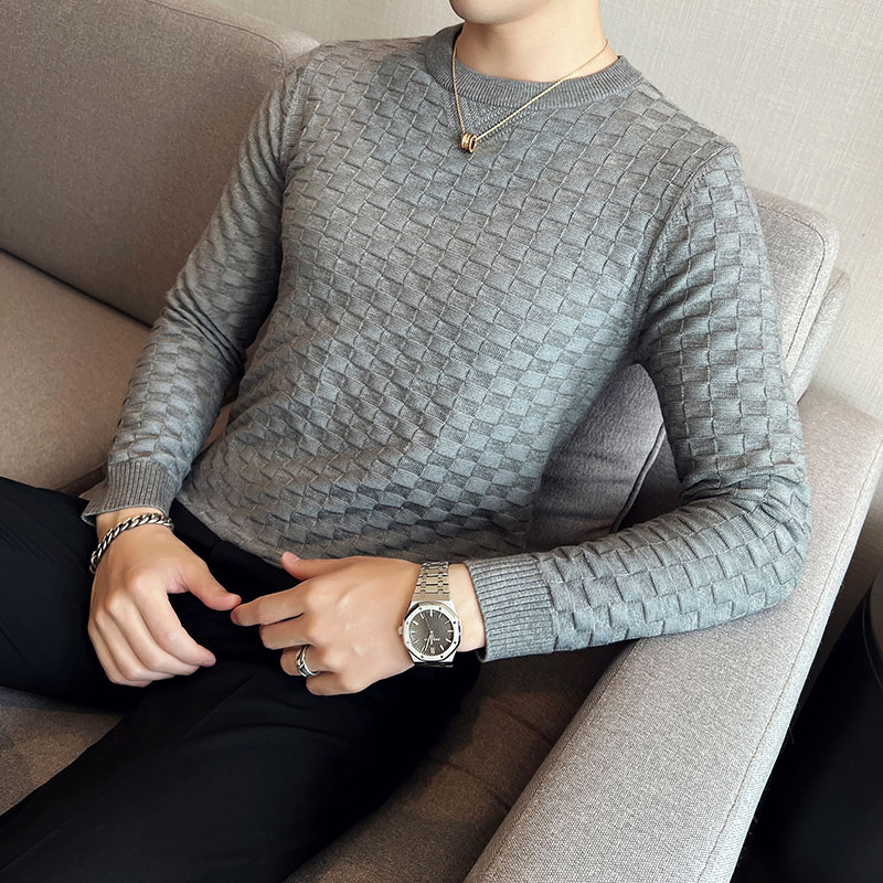 2022 Men’s Autumn/Winter Thermal Knit Sweater/Male Slim Fit Plaid Fashion Round Collar Set Head Sweaters Jumper Casual Sweater alx