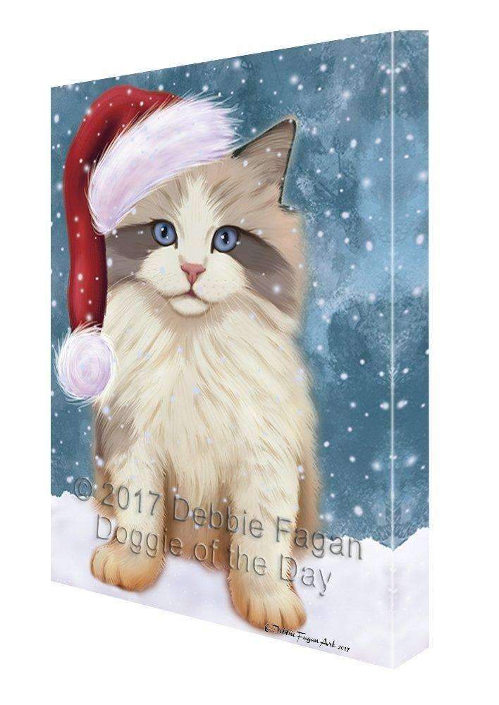 Let It Snow Christmas Holiday Ragdoll Kitten Cat Wearing Santa Hat Canvas Wall Art