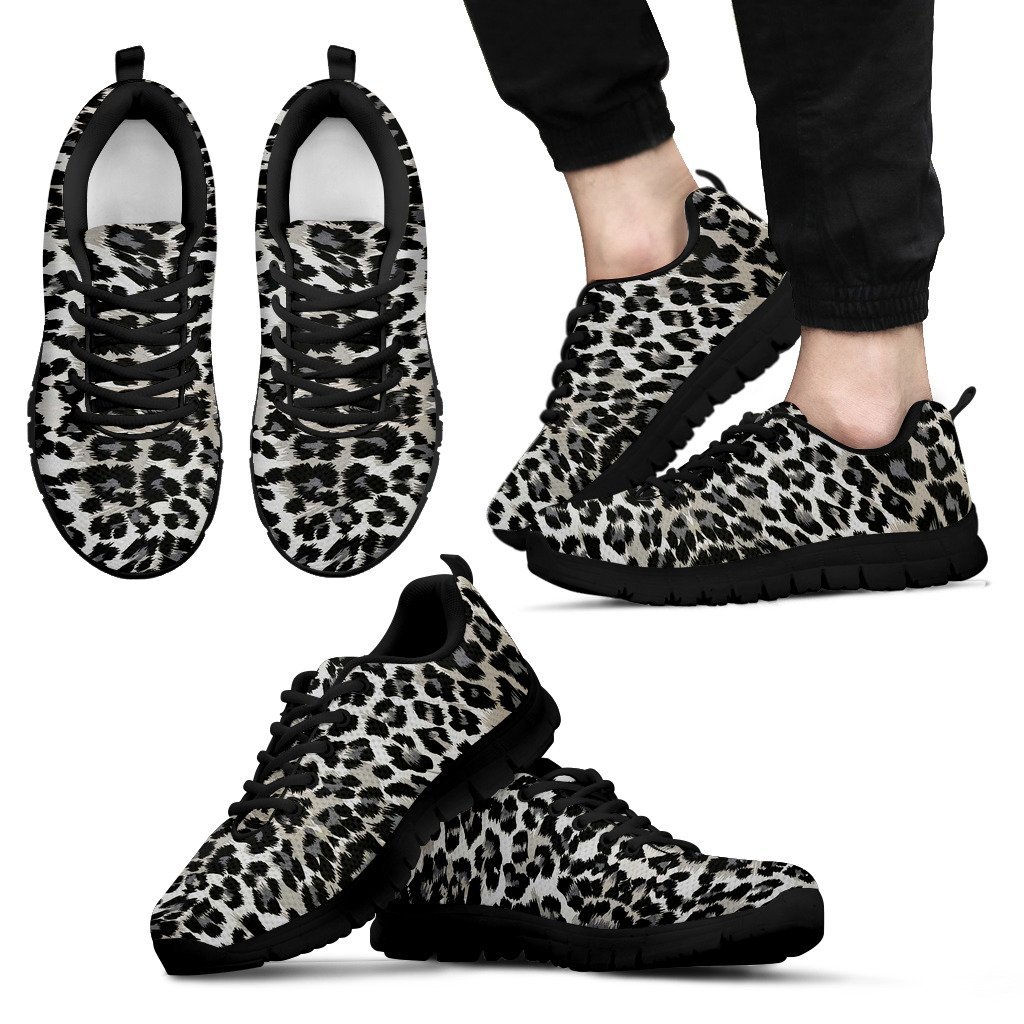 Gray Cheetah Leopard Pattern Print Black Sneaker Shoes For Men Women