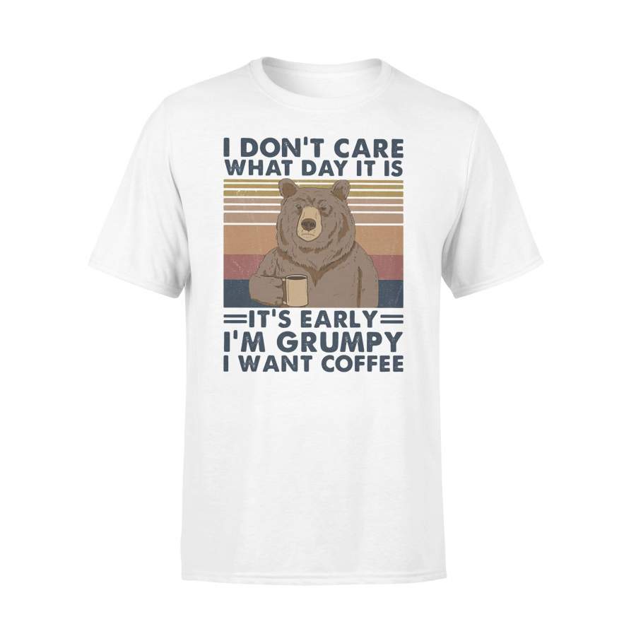 Bear I Don’t Care It’s Early I’m Grumpy I Want Coffee Vintage Retro T-shirt