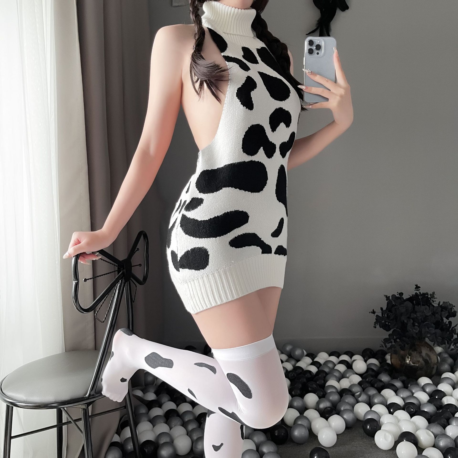 Virgin Killer Cow Sweater Sexy lingerie Women Backless Turtleneck Sleeveless Sweater Dress Cosplay Costumes Knitted Pullovers alx