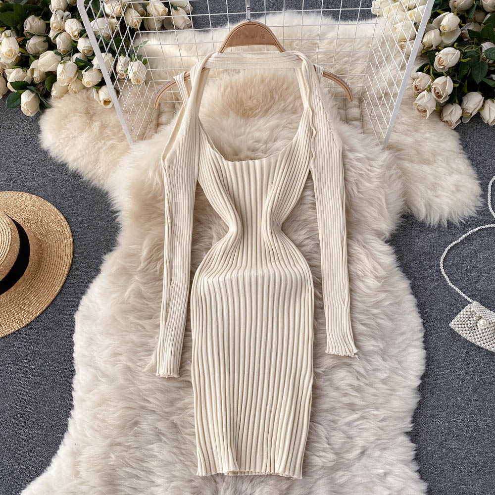 Autumn And Winter Casual Knit Suit Women’s Off-shoulder Long-sleeved + Sling Slim Dress Chic Knit 2-piece Set alx