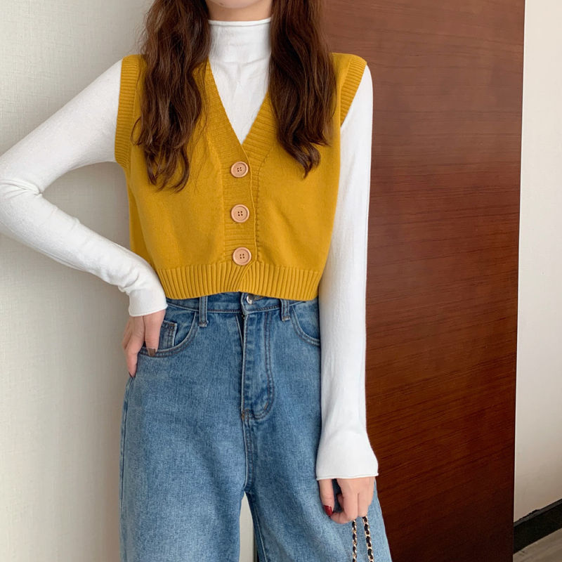 Sweater Vest Women Candy Colors Sweet V-neck Cropped Sweaters All-match Solid Single Breasted Japanese Style Sleeveless Top Girl alx