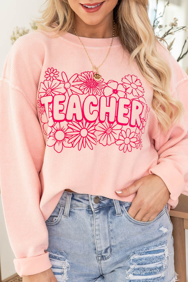 Teacher Floral Pink Corded Graphic Sweatshirt