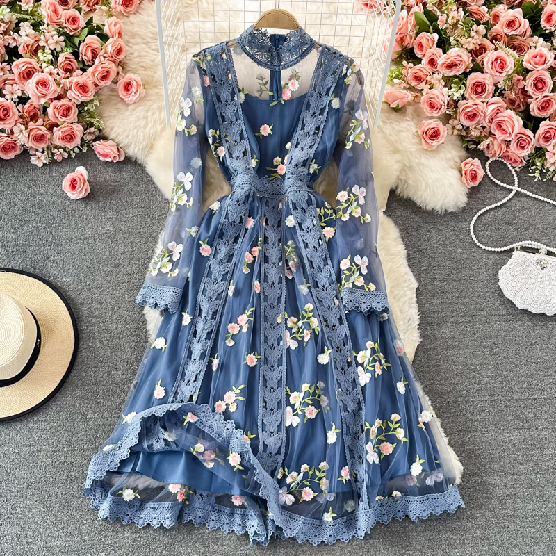 Boho Autumn Spring Flowers Embroidery Dress Women Long Sleeve Lace Mesh Floral Blue Elegant Holiday Party Ladies Midi Vestidos alx