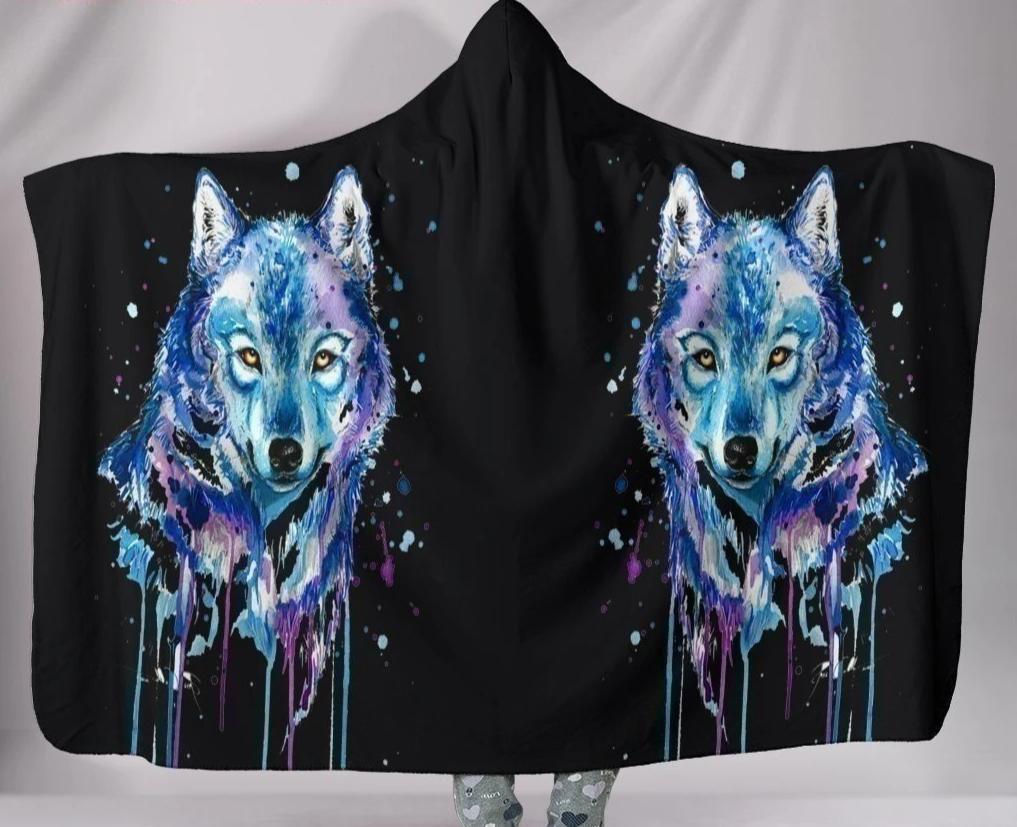 Watercolour Wolf Black Plush Lined Hooded Blanket