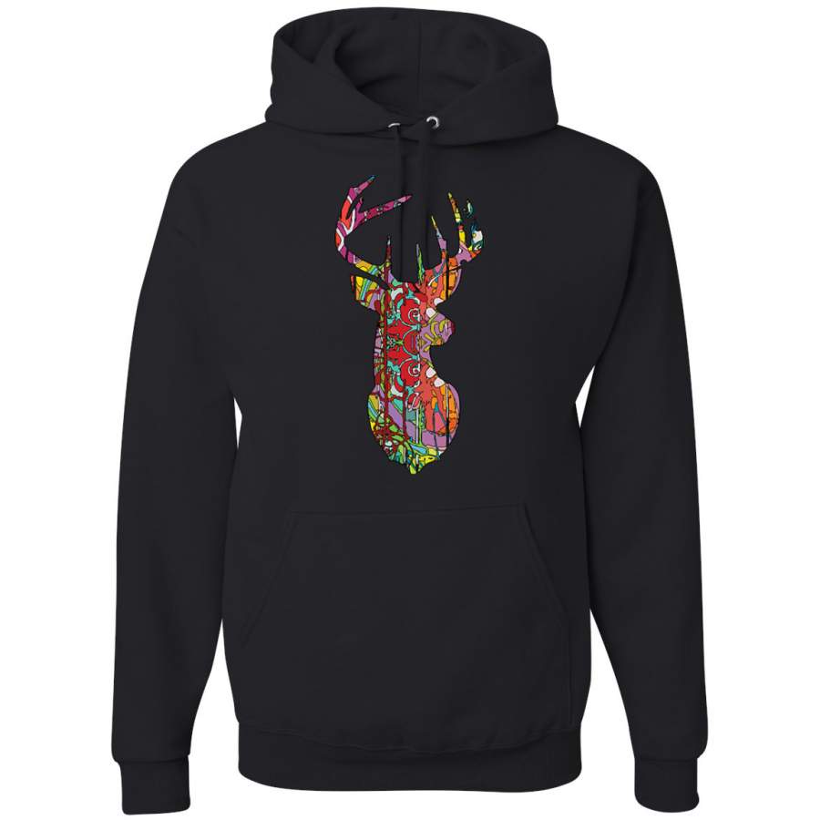 Trippy Colorful Buck Head Rainbow Hunting Deer Mosaic Animal Lover Graphic Hoodie Sweatshirt