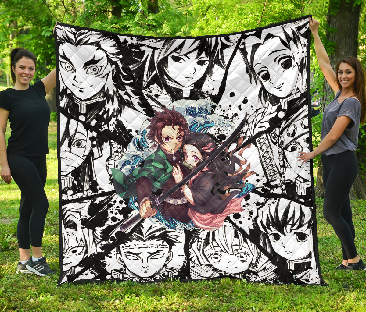 Demon Slayer Anime Premium Quilt | Tanjiro Protect Nezuko Vs Villains Black White Quilt Blanket Na090603