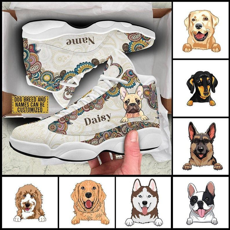 Dog Mandala Pattern Customized White Aj 13 Shoes, Custom Dog Shoes, Personalized Pet Jd Shoes, Puppy Pet Lover Gift