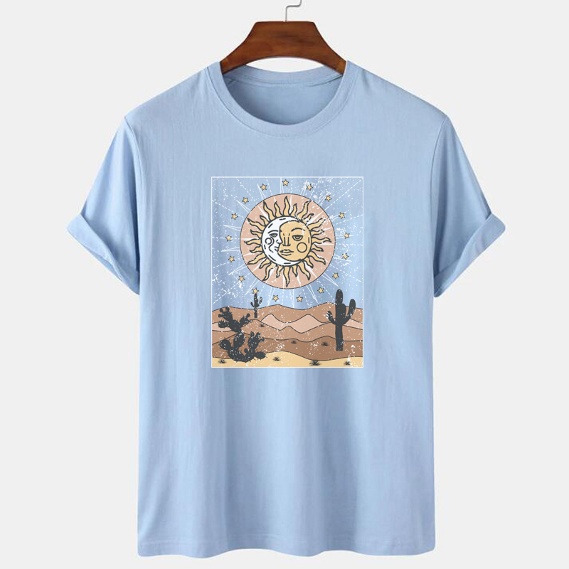 Sun Moon Cactus Desert Retro T Shirt Vintage Boho Style Short Sleeve Women T-Shirt Plus Size Aesthetic Celestial Graphic Tee Top alx