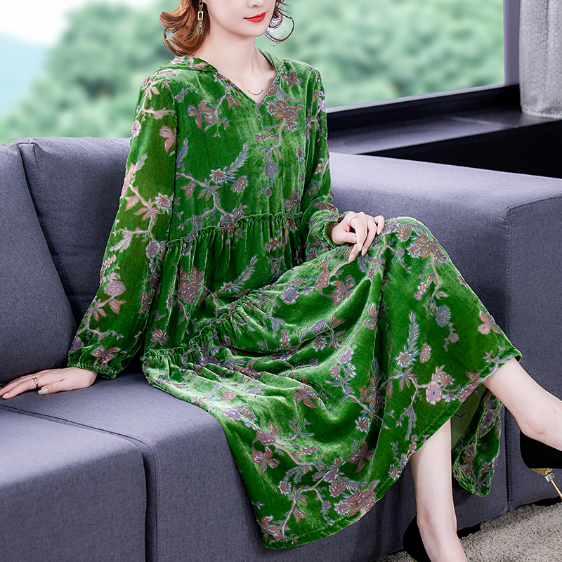 Autumn Floral Velvet Casual 5XL Plus Size Midi Dress Winter Korean Vintage Hooded Maxi Dress 2021 Elegant Office Party Vestidos alx