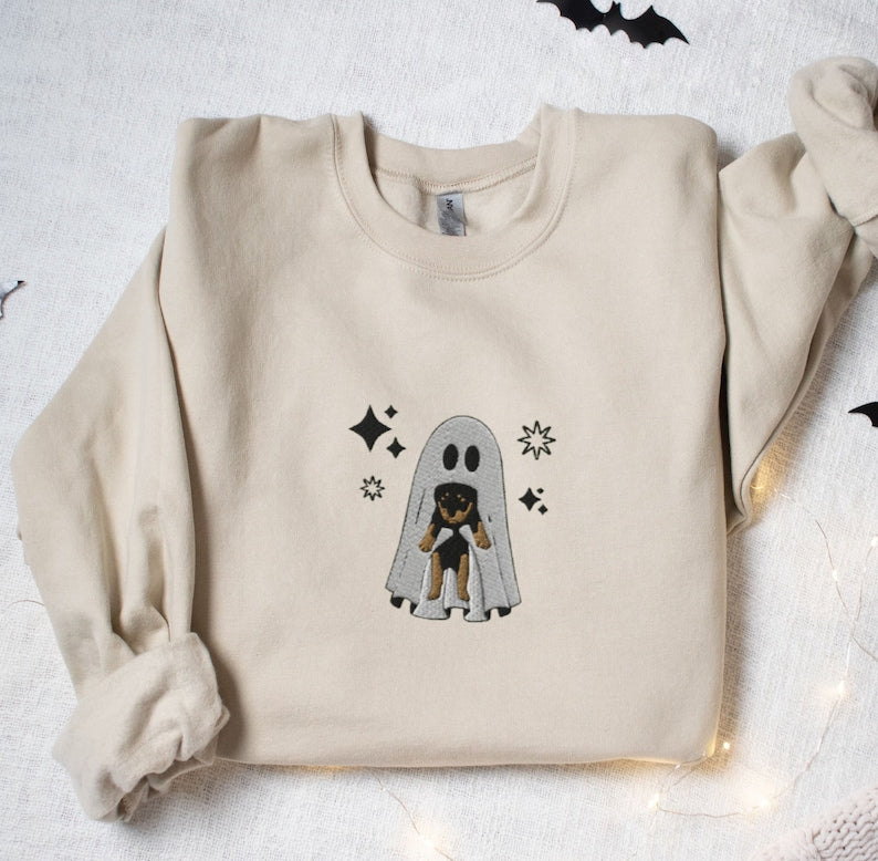 Cute Ghost Holding Puppy Embroidered Sweatshirt 2D Crewneck Sweatshirt All Over Print Sweatshirt For Women Sweatshirt For Men Sws3410