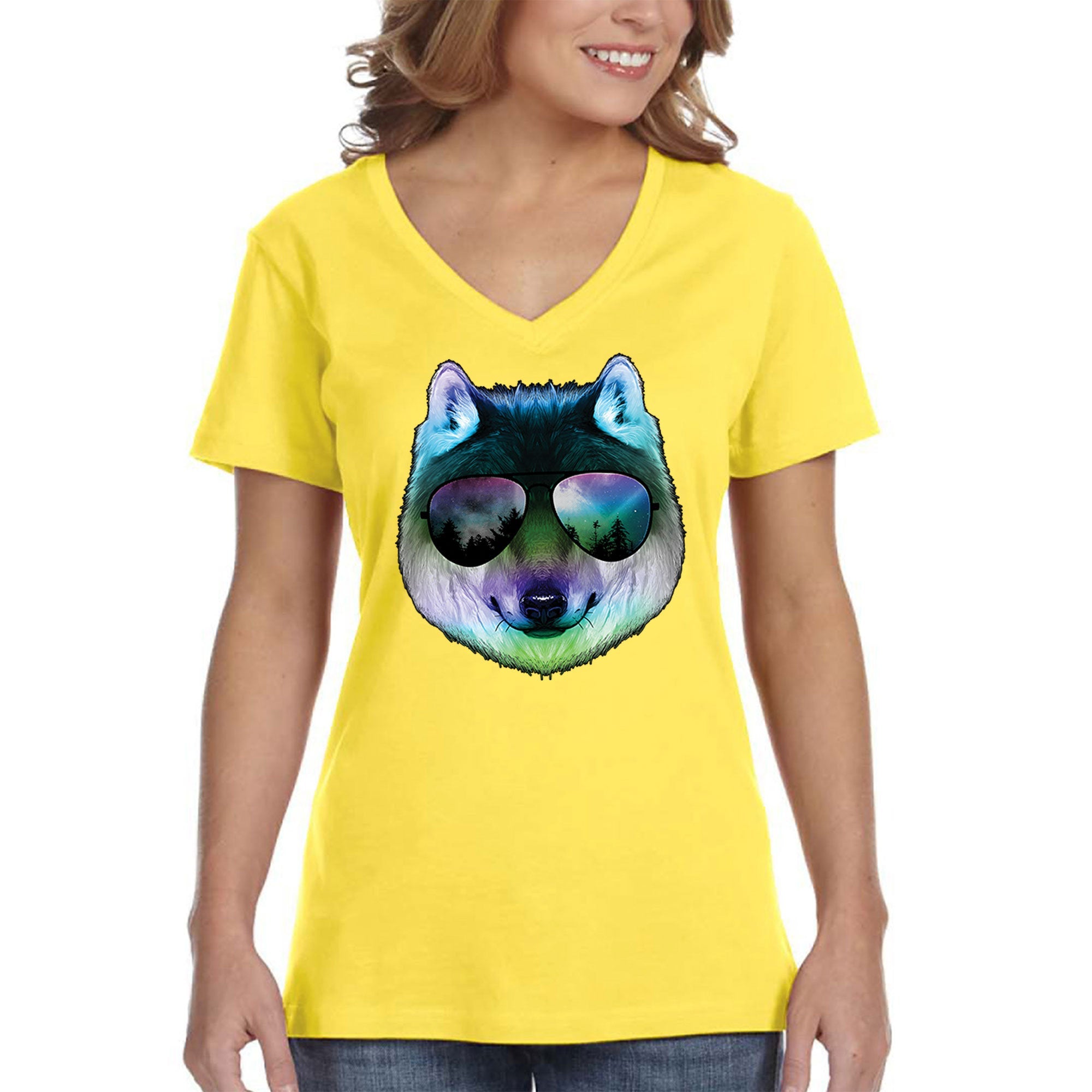 Xtrafly Apparel Women’S Night Wolf Cosmic Fox Summer V-Neck Short Sleeve T-Shirt