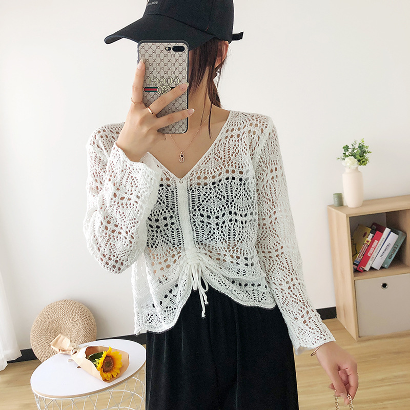 Women Loose Knitted Sweaters Sexy V Neck Hollow Out Lace Up Shirring Cropped Knitwear Pullover Sweater Tops WDC765 alx