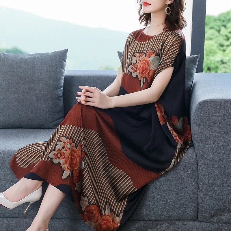 2022 Summer Vintage Loose Floral Mulberry Silk Dress Women Casual M-4XL Plus Size Chiffon Midi Dress Elegant Party Vestidos alx