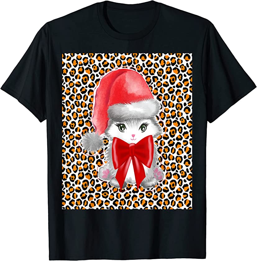 Christmas Kitten Cute Cat Animal Print Big Satin Red Bow T-Shirt